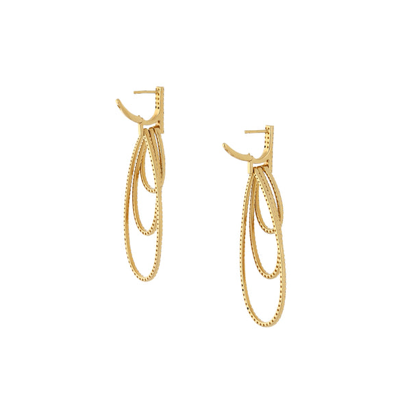 Aretes estilizados con colgantes y diamantes en oro amarillo 18 kilates.