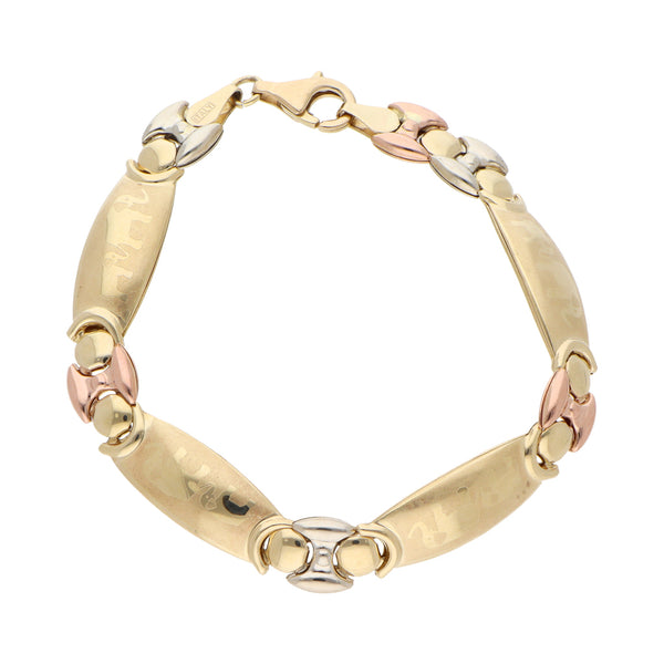 Pulsera eslabón combinado motivo elefantes en oro tres tonos 14 kilates.