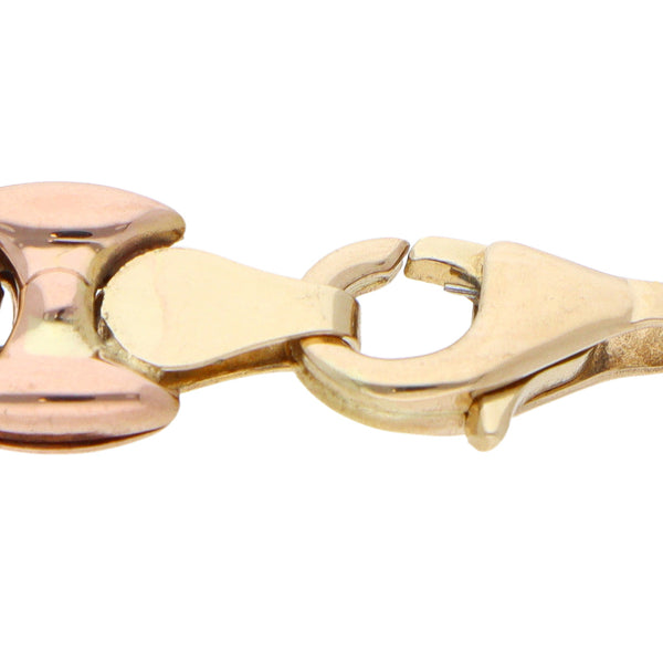 Pulsera eslabón combinado motivo elefantes en oro tres tonos 14 kilates.