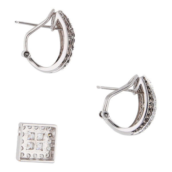 Aretes estilizados con diamantes, esmalte y dije diseño especial con circonias en oro blanco 14 kilates.