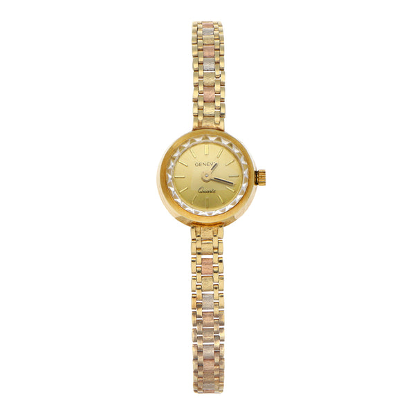 Reloj Geneve para dama en oro tres tonos 14 kilates.