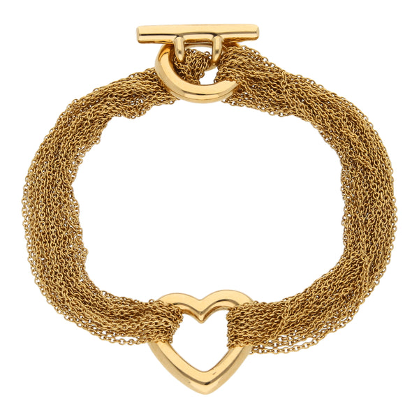 Pulsera doce hilos eslabón cruzado firma Tiffany & Co. con aplicación motivo corazón en oro amarillo 18 kilates.