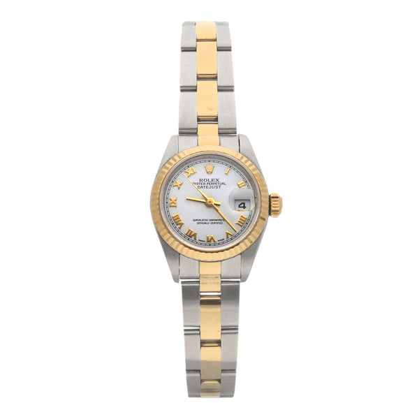 Reloj Rolex para dama modelo Oyster Perpetual DateJust vistas en oro amarillo 18 kilates.