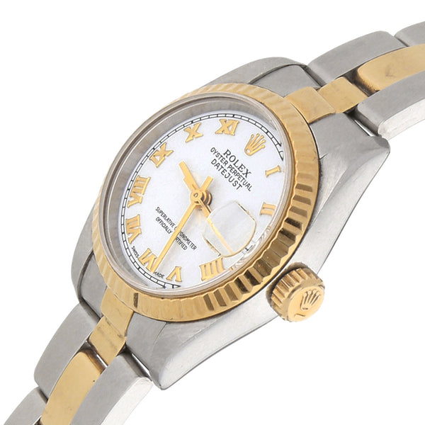 Reloj Rolex para dama modelo Oyster Perpetual DateJust vistas en oro amarillo 18 kilates.