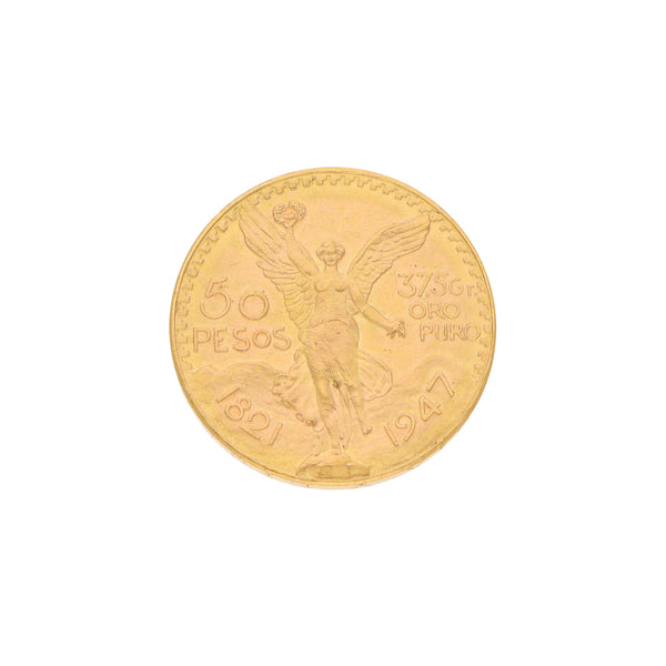 Moneda de cincuenta pesos oro mexicano 21.6 kilates.