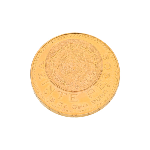 Moneda de veinte pesos oro mexicano de 21.6 kilates.