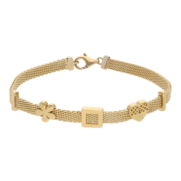 Pulsera eslabón tejido con aplicaciones motivo flor, cuadro y corazón en oro amarillo 14 kilates.