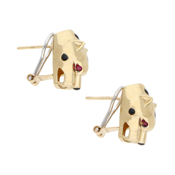 Aretes diseño especial motivo felino con esmalte y sintéticos en oro amarillo 14 kilates.