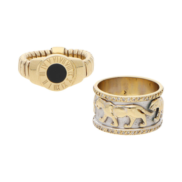 Argolla diseño especial motivo felinos con circonias en oro dos tonos y anillo flexible con aplicación y ónix en oro amarillo 14 kilates.