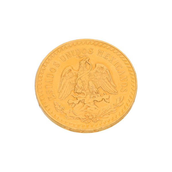 Moneda de cincuenta pesos oro mexicano de 21.6 kilates.