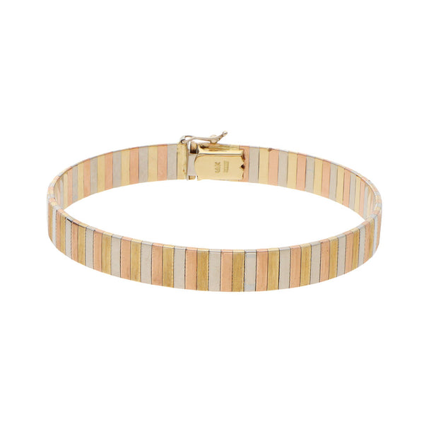 Pulsera eslabón laminado en oro tres tonos 14 kilates.