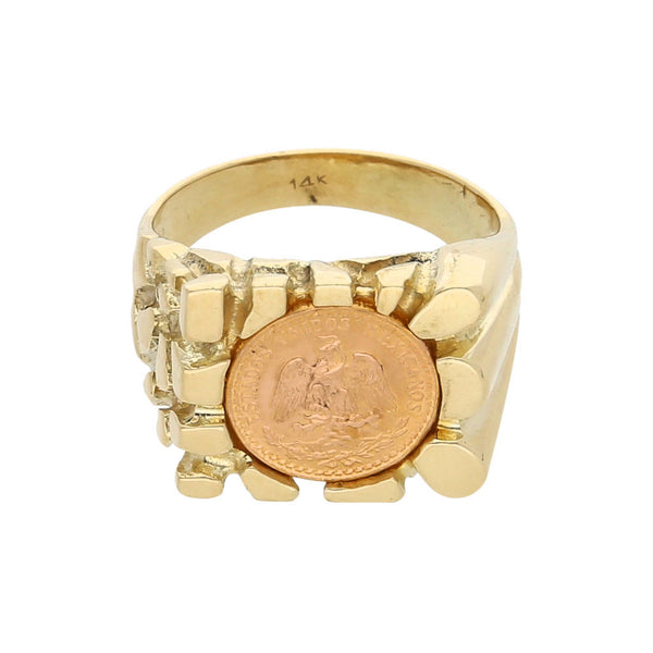 Anillo barroco con moneda de dos pesos oro mexicano 21.6 kilates en oro amarillo 14 kilates.