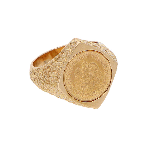 Anillo barroco con moneda de dos pesos oro mexicano 21.6 kilates en oro amarillo 14 kilates.