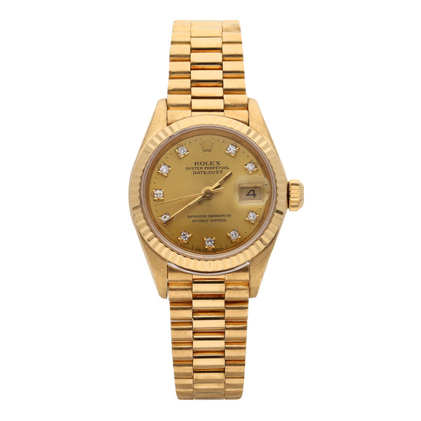 Reloj Rolex para dama modelo Oyster Perpetual DateJust en oro amarillo 18 kilates.