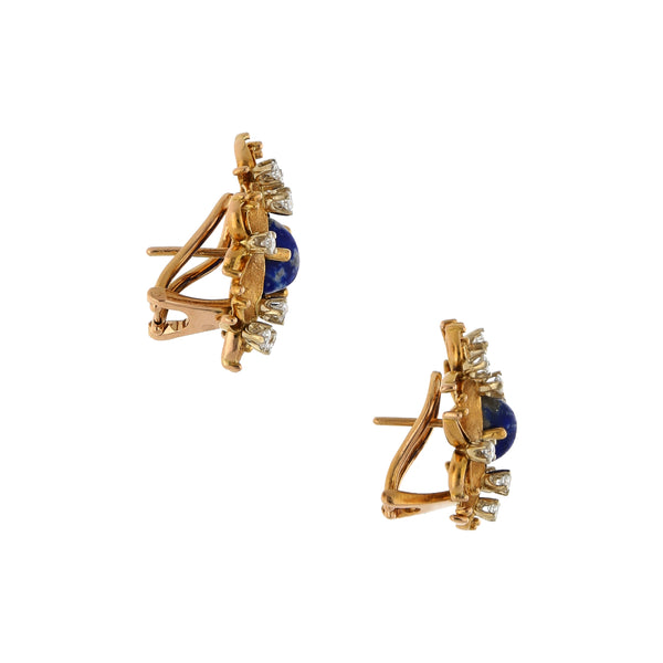 Aretes estilizados con diamantes y lapislazuli en oro amarillo 18 kilates.