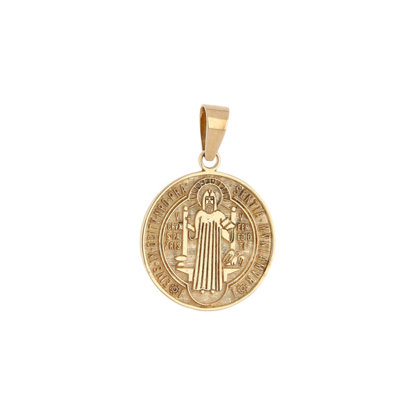 Medalla diseño especial motivo San Benito en oro amarillo 14 kilates.