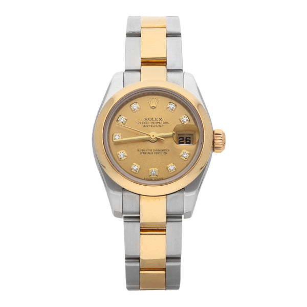 Reloj Rolex para dama modelo Oyster Perpetual DateJust vistas en oro amarillo 18 kilates.