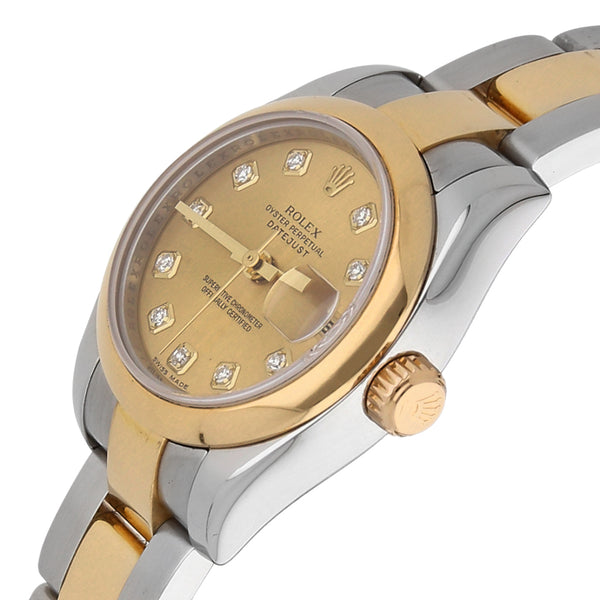 Reloj Rolex para dama modelo Oyster Perpetual DateJust vistas en oro amarillo 18 kilates.