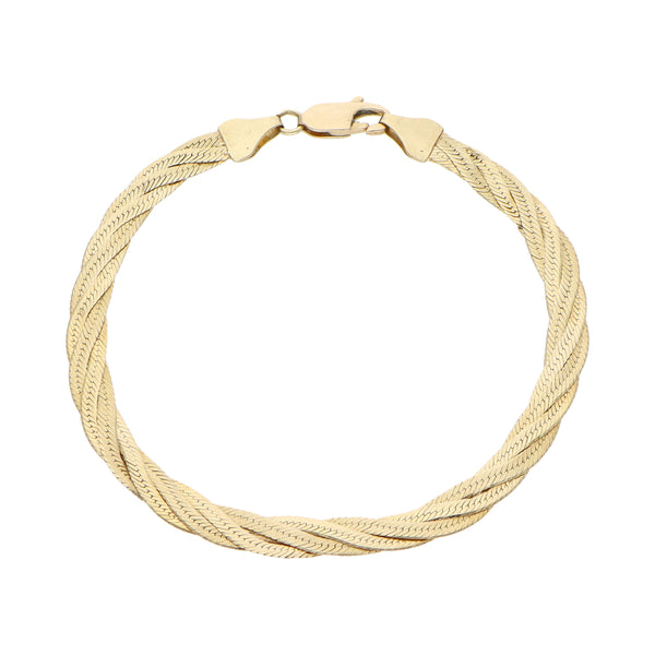 Pulsera tres hilos trenzada eslabón planchado en oro amarillo 14 kilates.