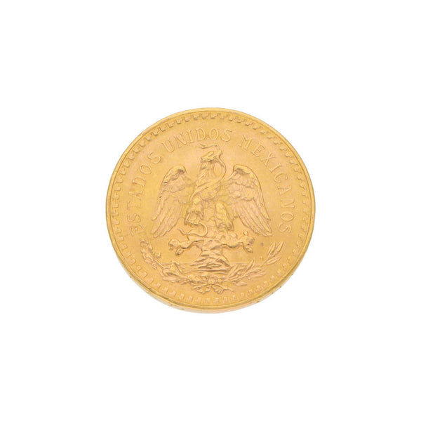 Moneda de cincuenta pesos oro mexicano 21.6 kilates.