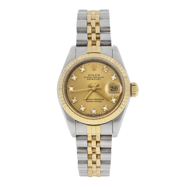 Reloj Rolex para dama modelo Oyster Perpetual DateJust vistas en oro amarillo 18 kilates.