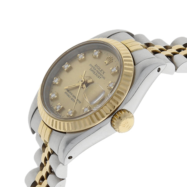 Reloj Rolex para dama modelo Oyster Perpetual DateJust vistas en oro amarillo 18 kilates.