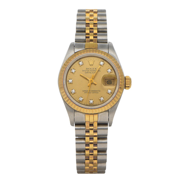 Reloj Rolex para dama modelo Oyster Perpetual DateJust vistas en oro amarillo 18 kilates.