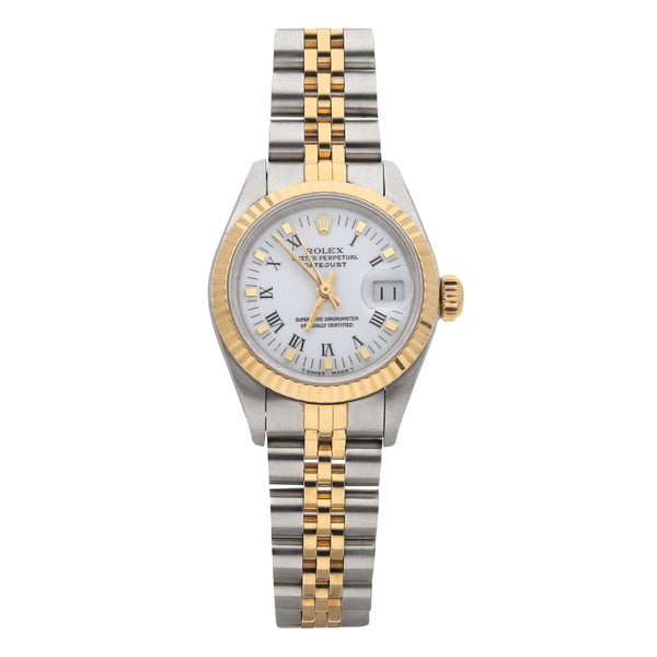 Reloj Rolex para dama modelo Oyster Perpetual DateJust vistas en oro amarillo 18 kilates.