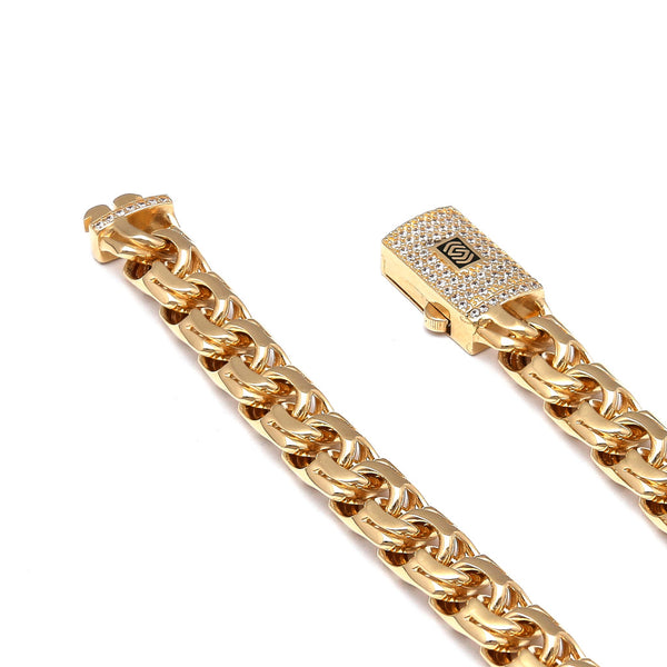 Pulsera eslabón encontrado doble con circonias y esmalte en oro amarillo 14 kilates.