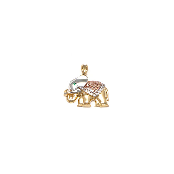 Dije estilizado motivo elefante con sintéticos en oro tres tonos 14 kilates.