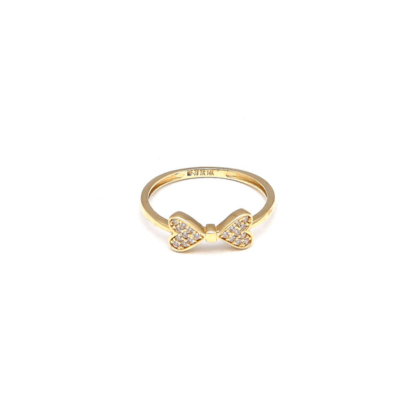 Anillo diseño especial motivo moño con circonias en oro amarillo 14 kilates.