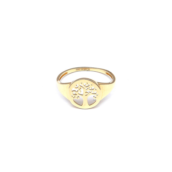 Anillo tipo sello motivo árbol de la vida en oro amarillo 14 kilates.