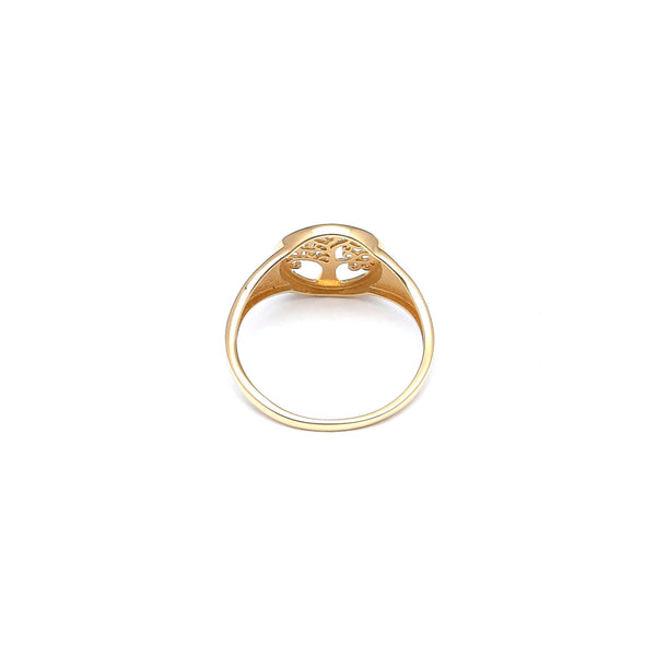 Anillo tipo sello motivo árbol de la vida en oro amarillo 14 kilates.