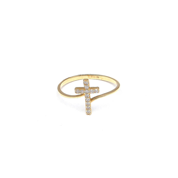 Anillo diseño especial motivo cruz con circonias en oro amarillo 14 kilates.