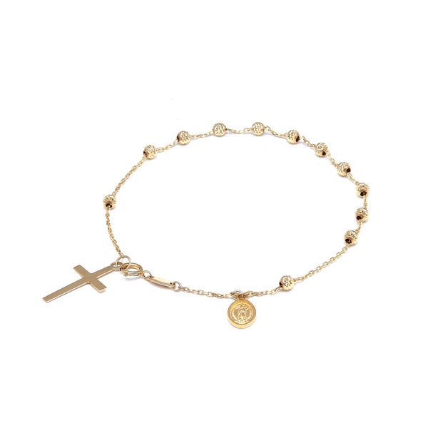 Pulsera tipo rosario eslabón cruzado en oro amarillo 14 kilates.