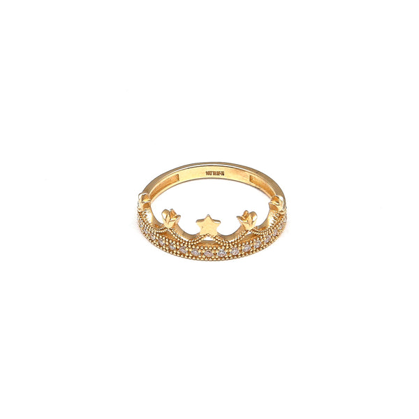 Anillo diseño especial motivo corona con circonias en oro amarillo 14 kilates.