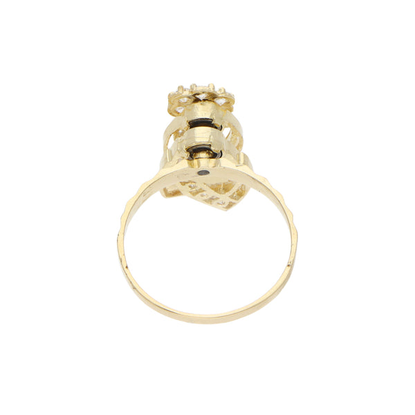 Anillo diseño especial con aplicaciones giratorias y circonias en oro amarillo 14 kilates.