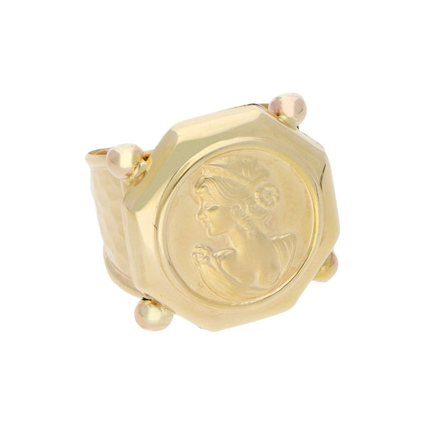 Anillo abierto motivo mujer en oro amarillo 14 kilates.