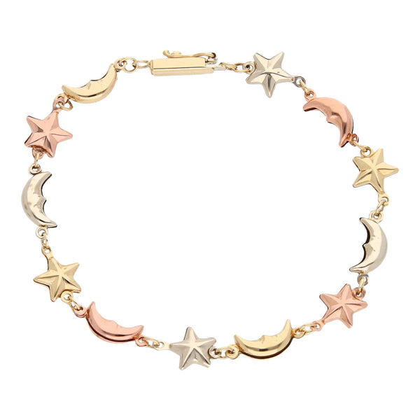 Pulsera eslabón combinado motivo estrellas y lunas en oro tres tonos 14 kilates.