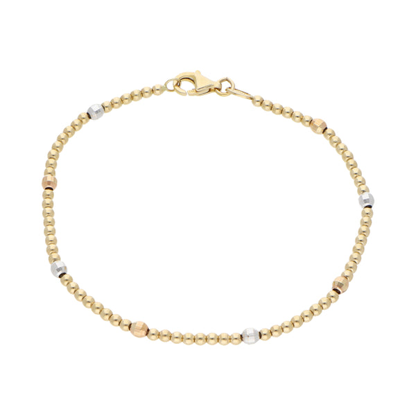 Pulsera eslabón boleado combinado en oro tres tonos 14 kilates.