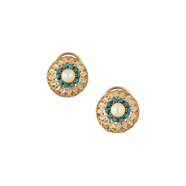 Aretes calados con perlas y turquesas en oro amarillo 14 kilates.