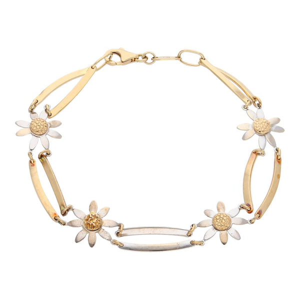 Pulsera eslabón combinado motivo flor en oro dos tonos 14 kilates.