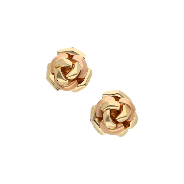 Aretes estilizados motivo floral en oro dos tonos 14 kilates.