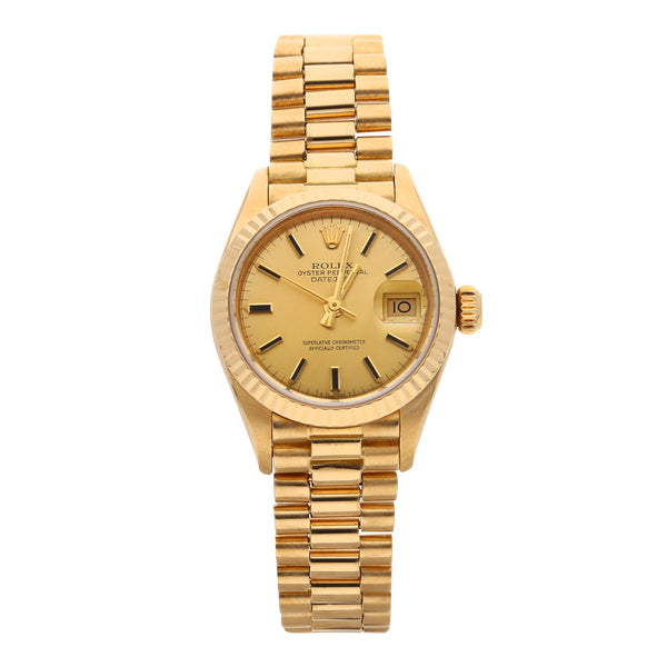 Reloj Rolex para dama modelo Oyster Perpetual DateJust en oro amarillo 18 kilates.