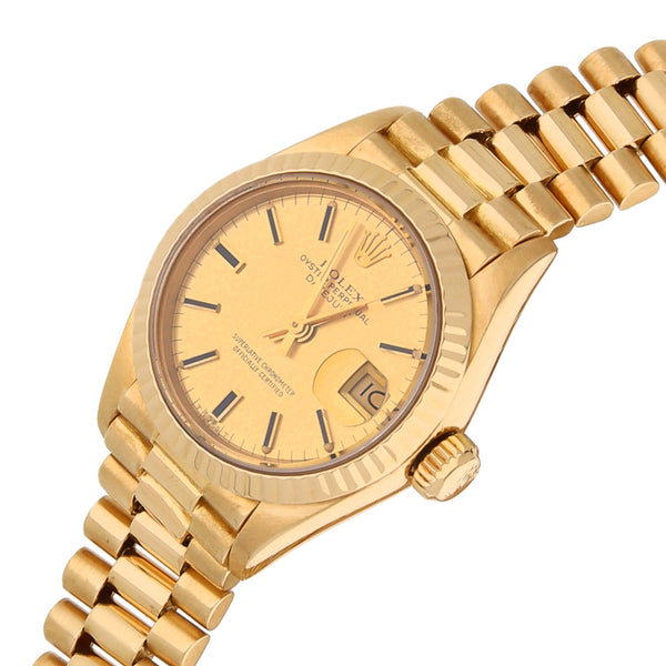 Reloj Rolex para dama modelo Oyster Perpetual DateJust en oro amarillo 18 kilates.