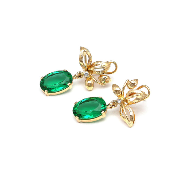 Aretes articulados motivo hojas con obsidianas verdes y circonias en oro amarillo 14 kilates.