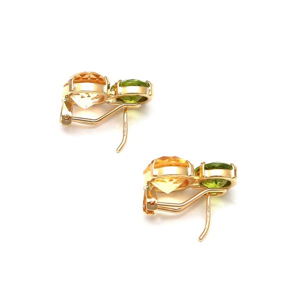 Aretes estilizados con citrinos y peridotos en oro amarillo 14 kilates.