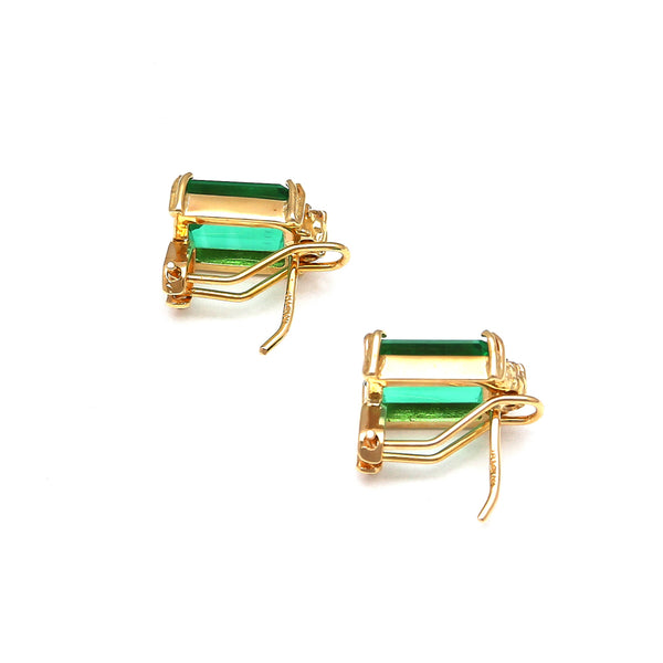 Aretes diseño especial con diamantes y obsidianas verdes en oro amarillo 14 kilates.