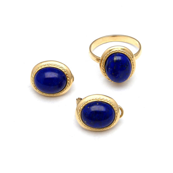 Juego de anillo y aretes diseño especial con lapislazuli en oro amarillo 14 kilates.