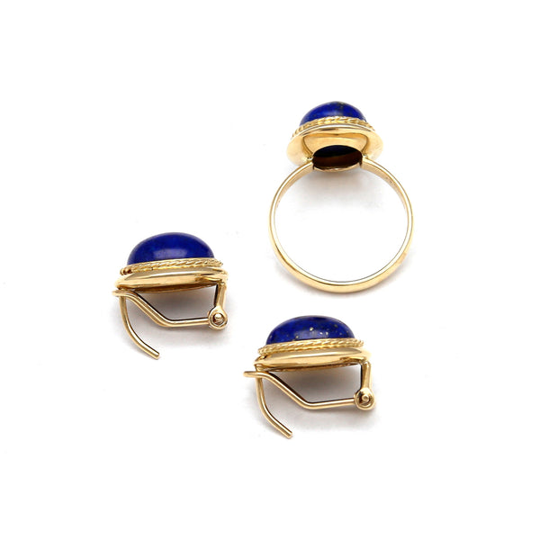 Juego de anillo y aretes diseño especial con lapislazuli en oro amarillo 14 kilates.